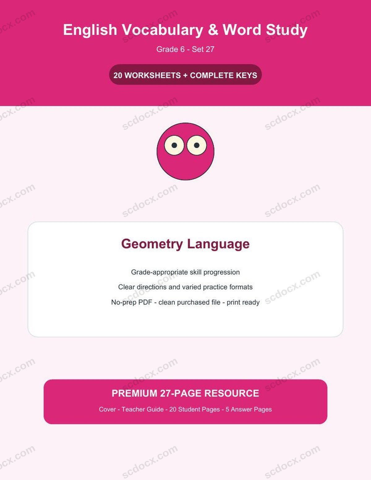 English Vocabulary & Word Study | Grade 6 | Geometry Language | 20 Worksheets + Answer Keys