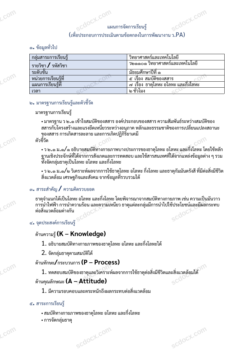 แผนการสอน ว.PA วิทย์ แผนที่ 7 ธาตุโลหะ อโลหะ และกึ่งโลหะ ม.1