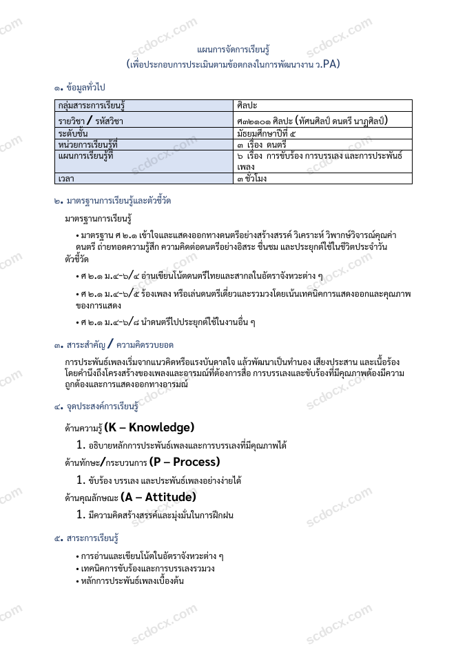 แผนการสอน ว.PA ศิลปะ แผนที่ 6 การขับร้อง การบรรเลง และการประพันธ์เพลง ม.5