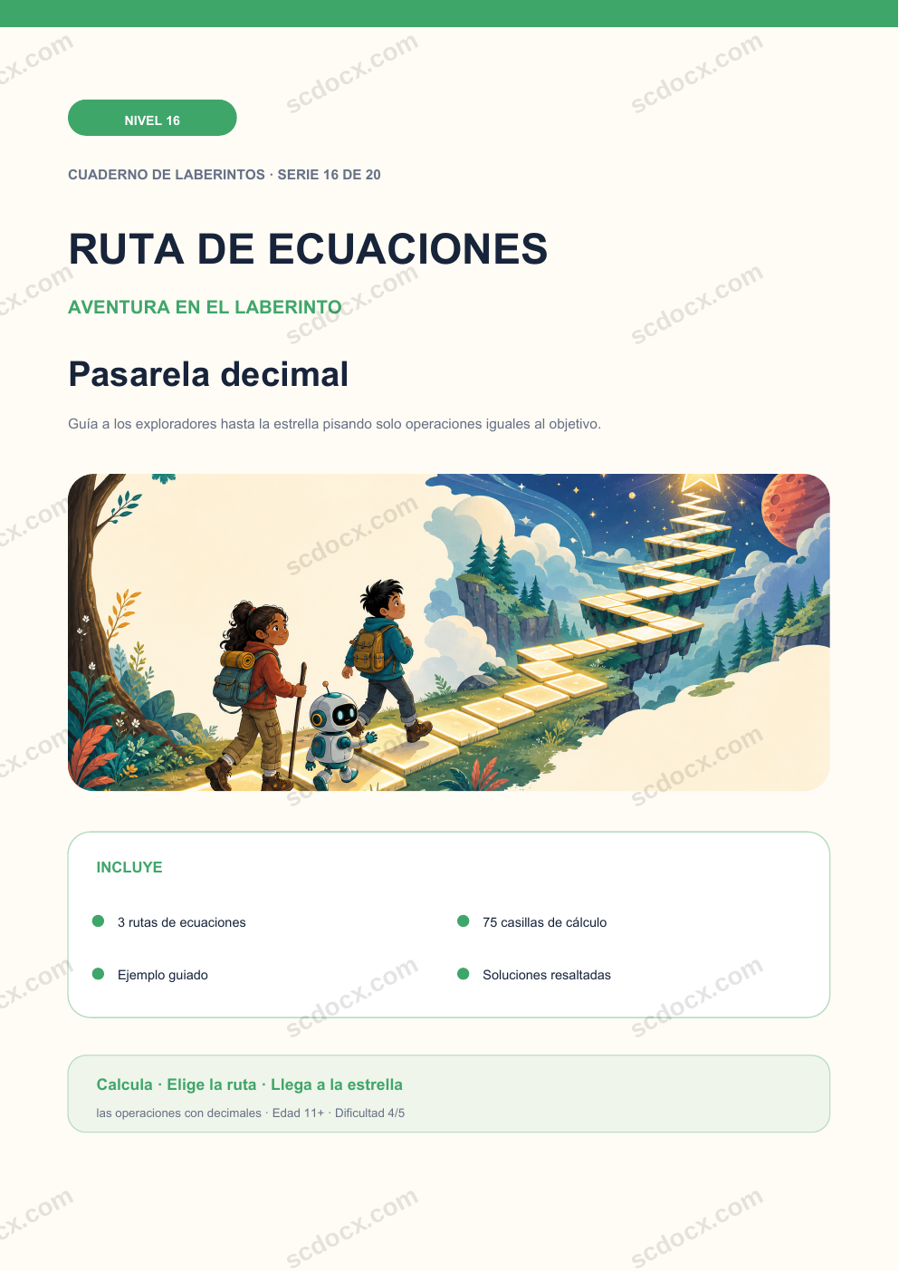 Ruta de ecuaciones Nivel 16 | Pasarela decimal con soluciones