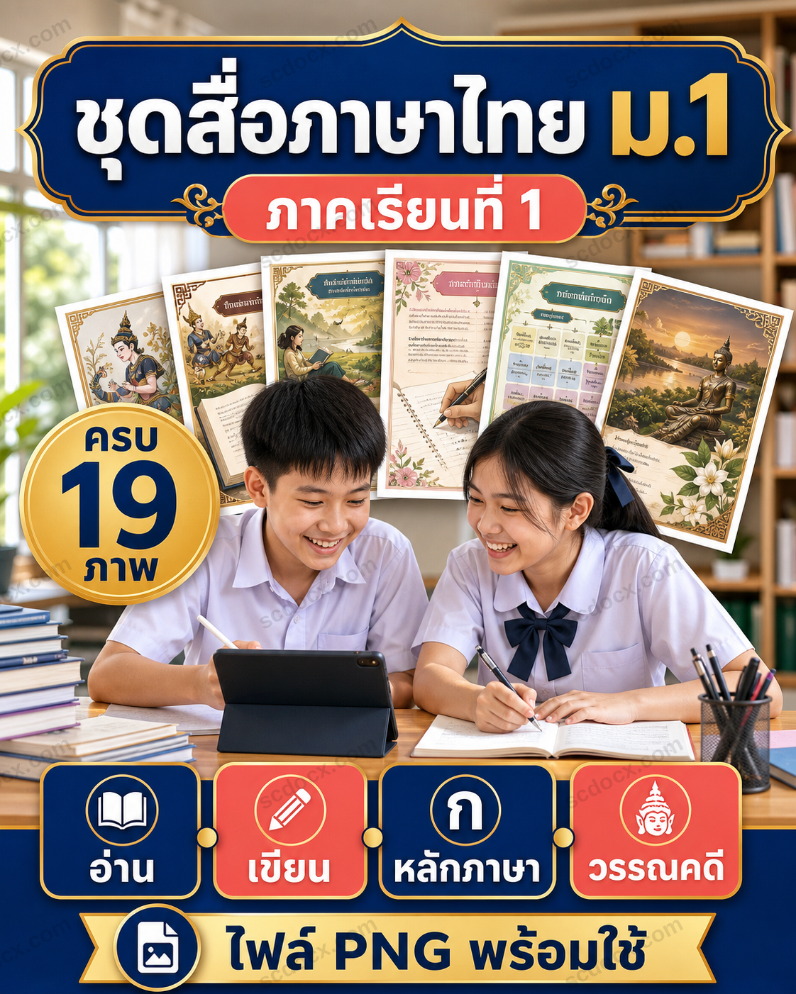 ชุดสื่อการเรียนรู้ภาษาไทย ม.1 ภาคเรียนที่ 1 ครบ 19 ภาพ | หลักภาษา การอ่าน การเขียน วรรณคดี