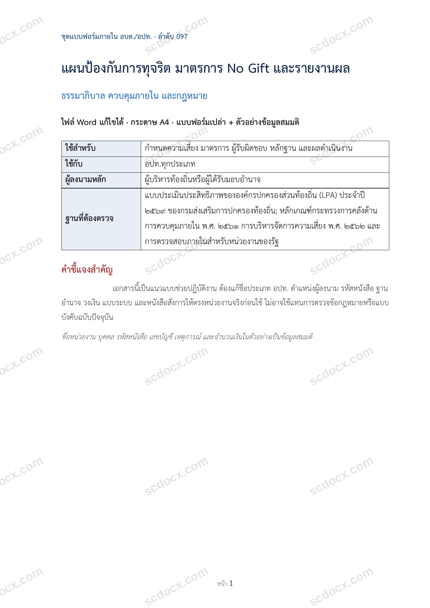 อบต./อปท. | แผนป้องกันการทุจริต มาตรการ No Gift และรายงานผล (Word + ตัวอย่าง)