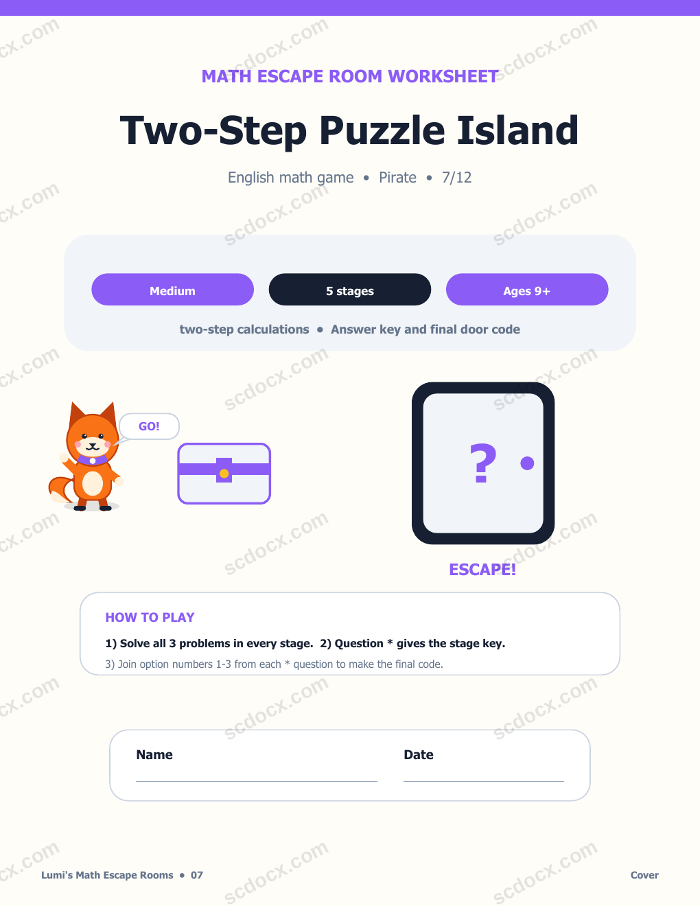 Math Escape Room in English 07 - Two-Step Puzzle Island with Answer Key