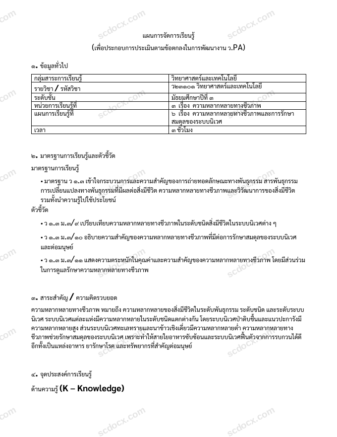 แผนการสอน ว.PA วิทยาศาสตร์และเทคโนโลยี แผนที่ 6 ความหลากหลายทางชีวภาพและการรักษาสมดุลของระบบนิเวศ ม.3