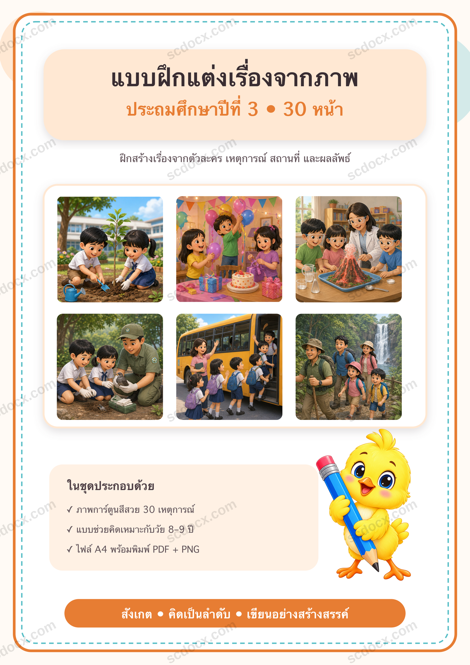 แบบฝึกแต่งเรื่องจากภาพ ป.3 | 30 หน้า A4 พร้อมพิมพ์ PDF + PNG