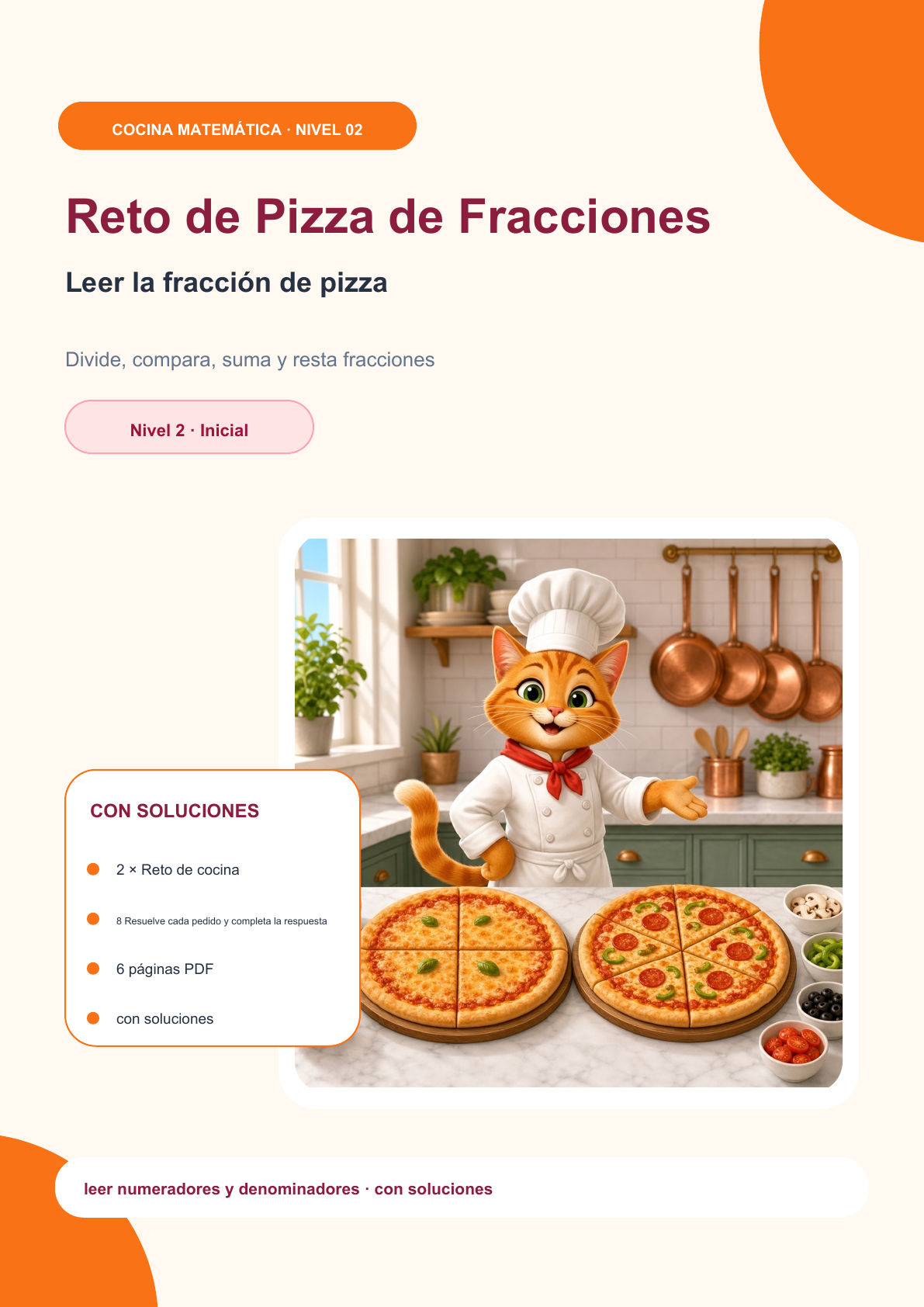 Reto de Pizza de Fracciones Nivel 2 | Leer la fracción de pizza con soluciones (GRATIS)