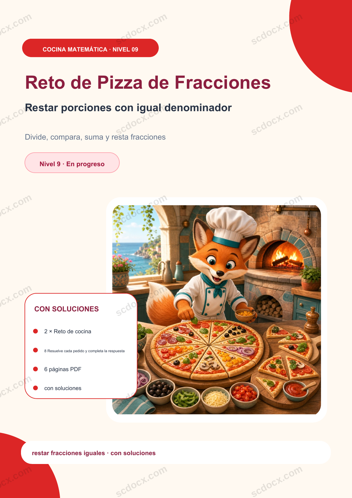 Reto de Pizza de Fracciones Nivel 9 | Restar porciones con igual denominador con soluciones