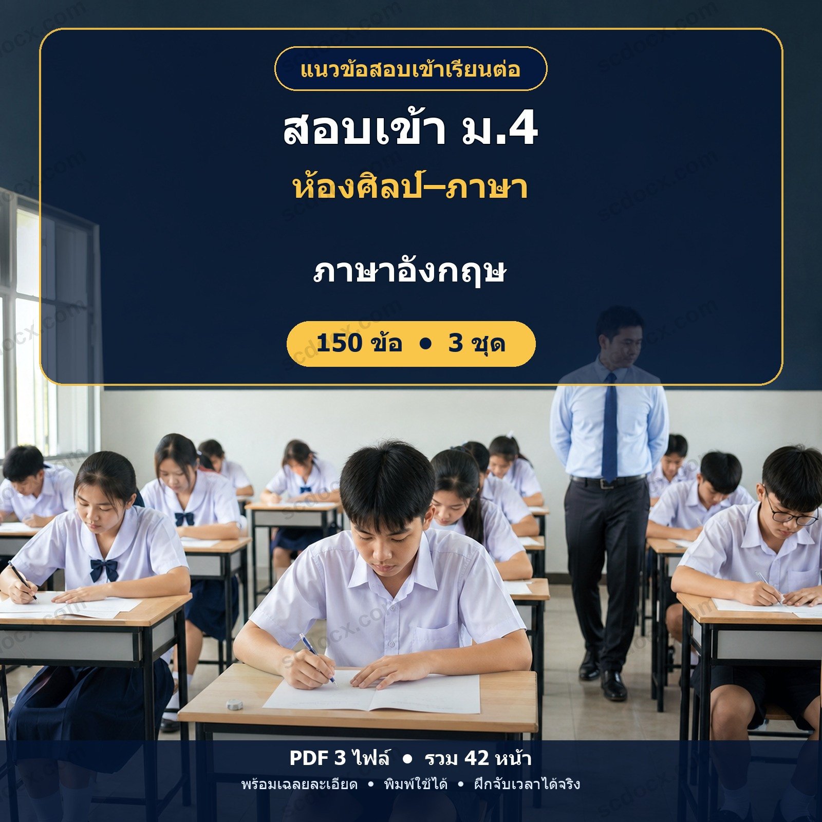 แนวข้อสอบเข้า ม.4 ห้องศิลป์–ภาษา วิชาภาษาอังกฤษ 150 ข้อ (3 ชุด) พร้อมเฉลยละเอียด