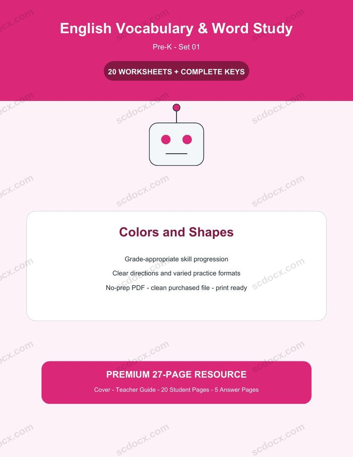 English Vocabulary & Word Study | Pre-K | Colors and Shapes | 20 Worksheets + Answer Keys
