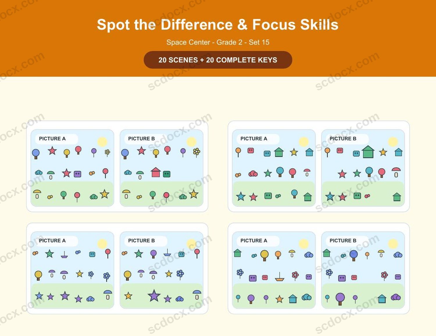 Spot the Difference | Grade 2 | Space Center | 20 Games + Keys | US Letter Landscape
