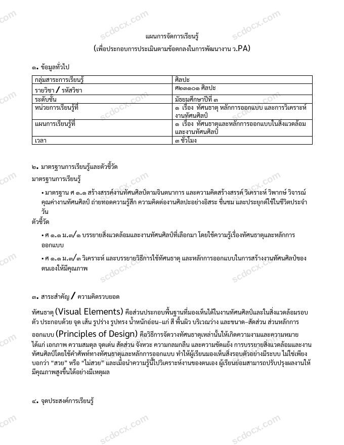 แผนการสอน ว.PA ศิลปะ แผนที่ 1 ทัศนธาตุและหลักการออกแบบในสิ่งแวดล้อมและงานทัศนศิลป์ ม.3