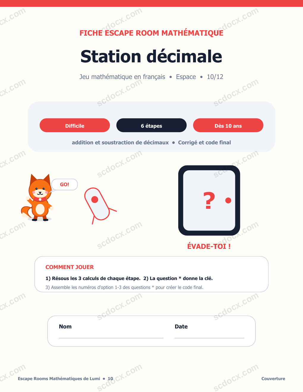 Escape Room Mathématique en Français 10 - Station décimale avec corrigé
