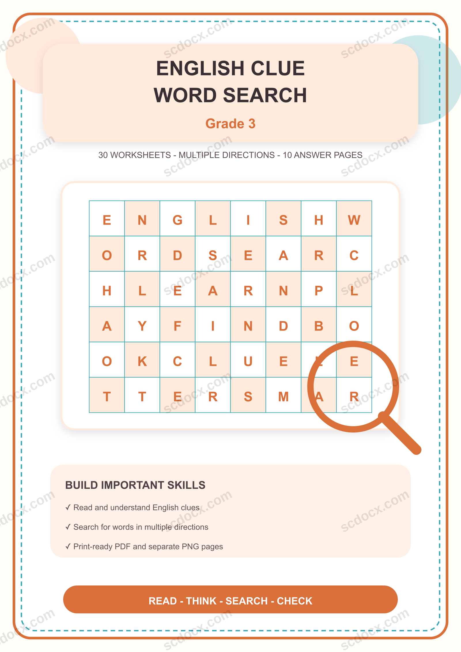 แบบฝึกค้นหาคำภาษาอังกฤษตามคำใบ้ในตาราง ป.3 | 30 หน้า พร้อมเฉลย 10 หน้า PDF + PNG
