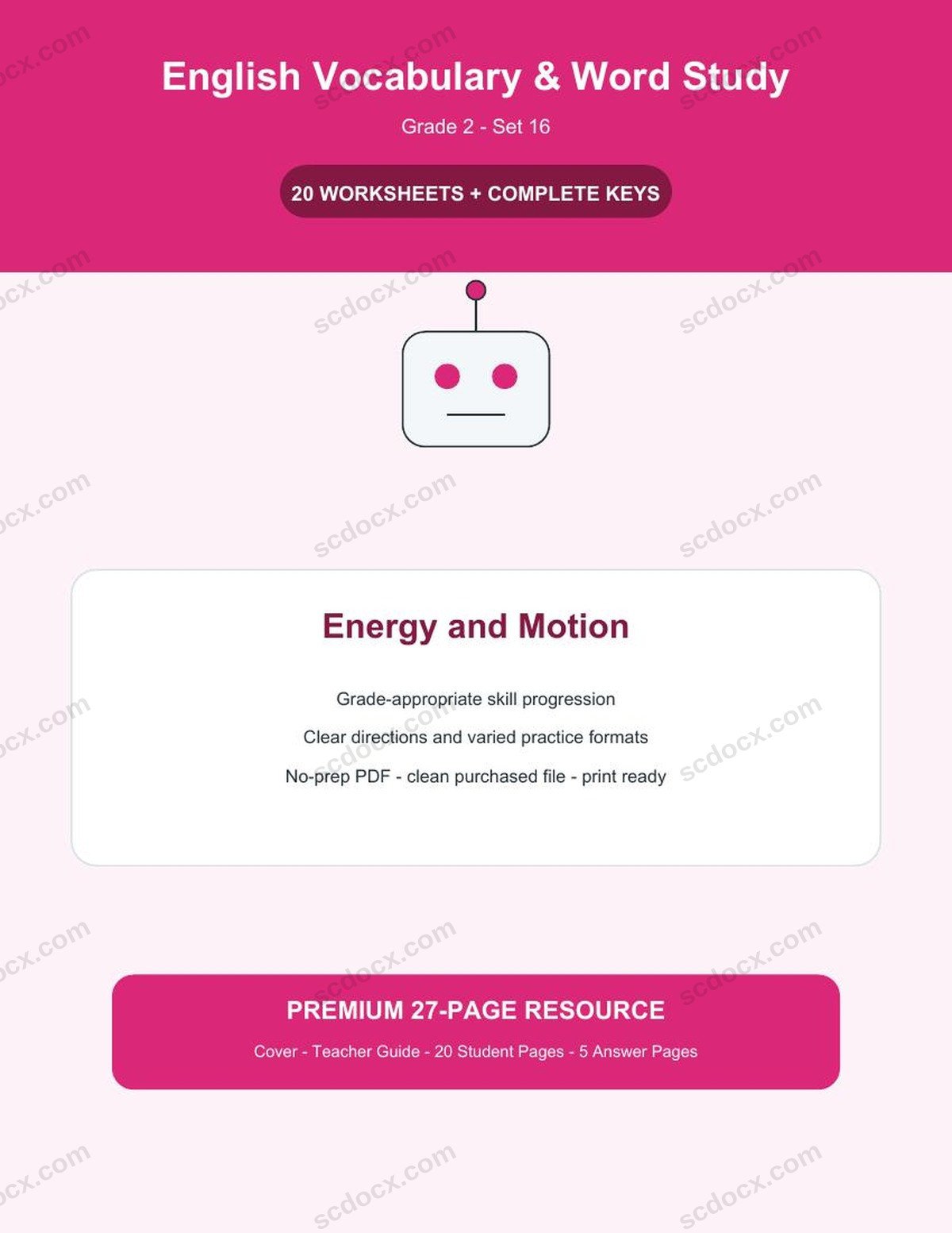 English Vocabulary & Word Study | Grade 2 | Energy and Motion | 20 Worksheets + Answer Keys