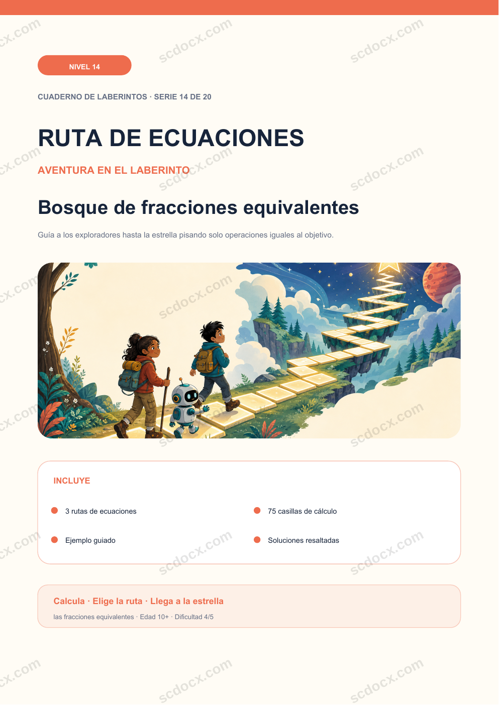 Ruta de ecuaciones Nivel 14 | Bosque de fracciones equivalentes con soluciones