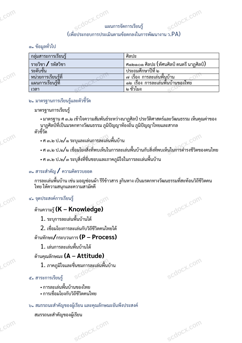 แผนการสอนประกอบการประเมิน ว.PA วิชาศิลปะ แผนที่ 12 เรื่อง การละเล่นพื้นบ้านของไทย ชั้น ป.2