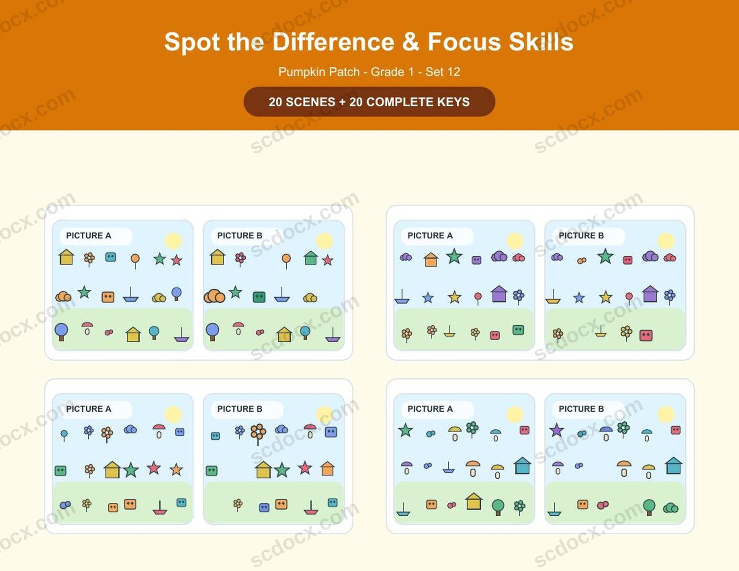 Spot the Difference | Grade 1 | Pumpkin Patch | 20 Games + Keys | US Letter Landscape