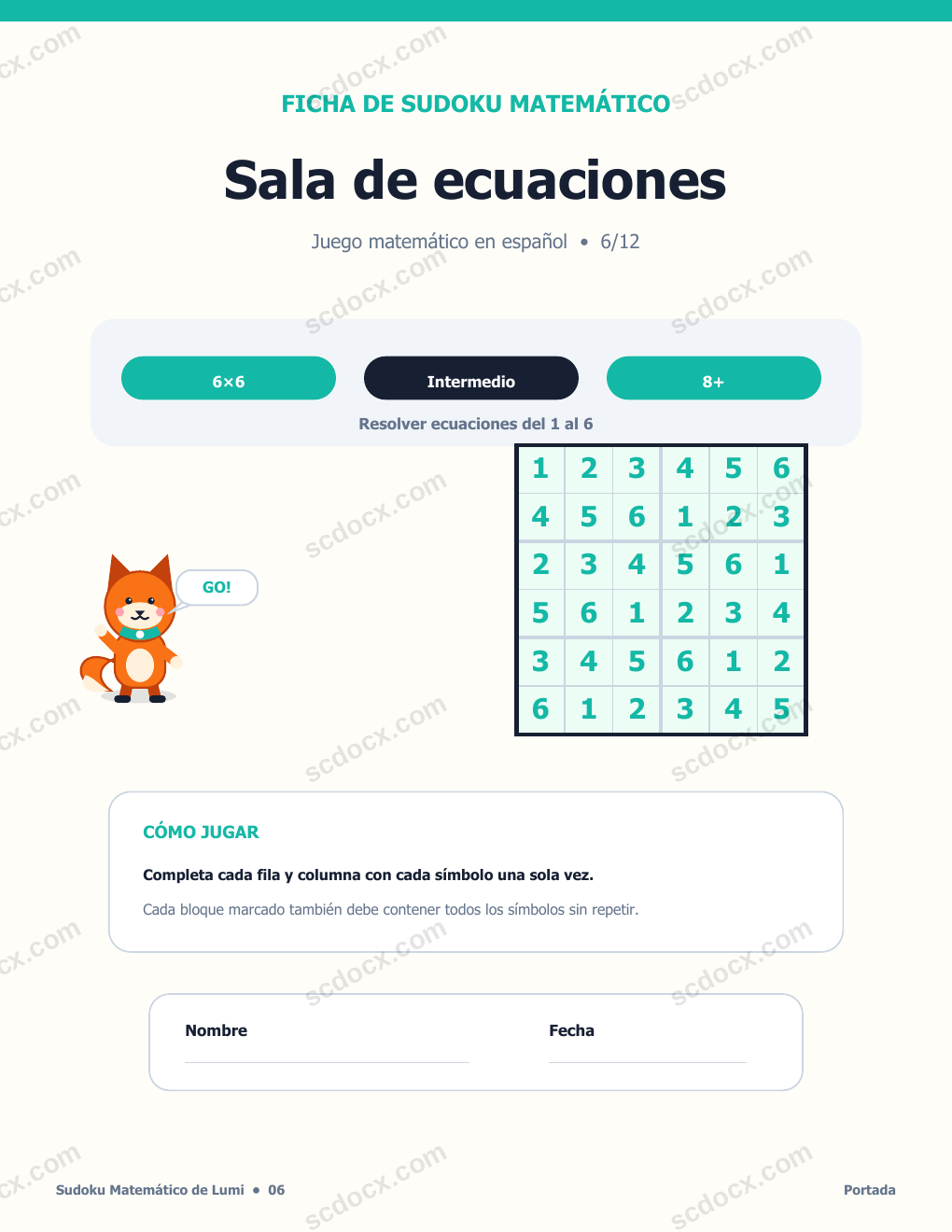 Sudoku Matemático en Español 06 - Sala de ecuaciones con soluciones
