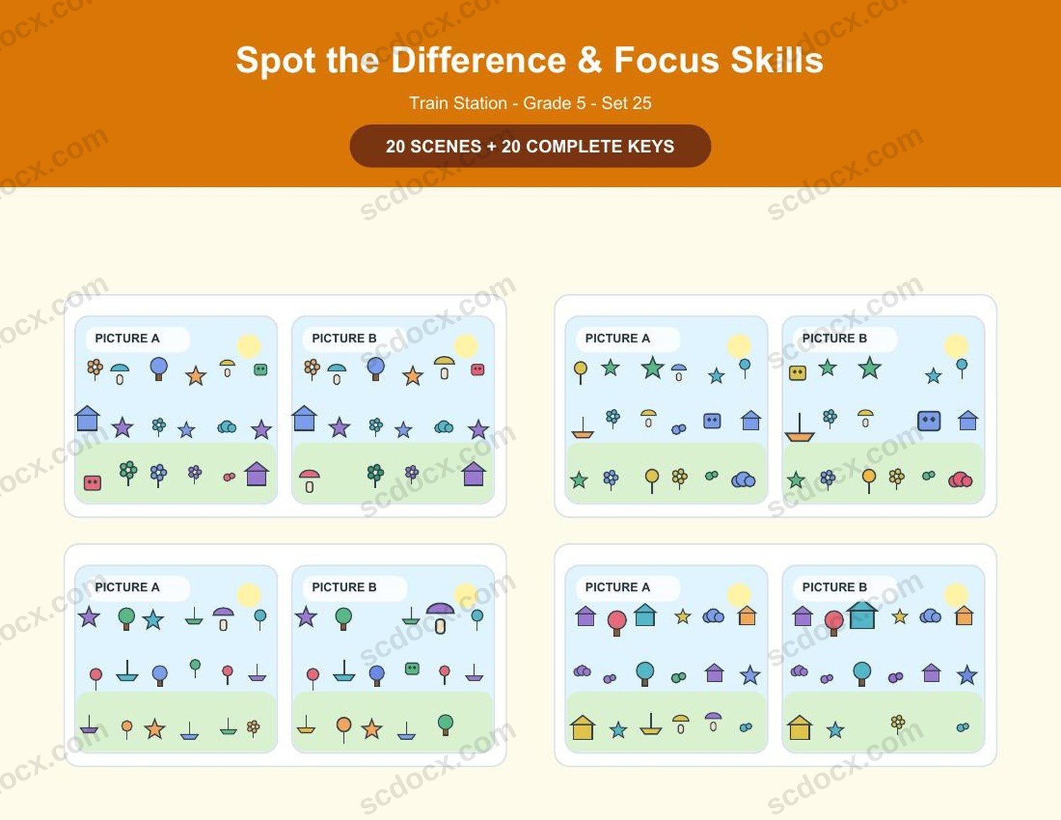 Spot the Difference | Grade 5 | Train Station | 20 Games + Keys | US Letter Landscape