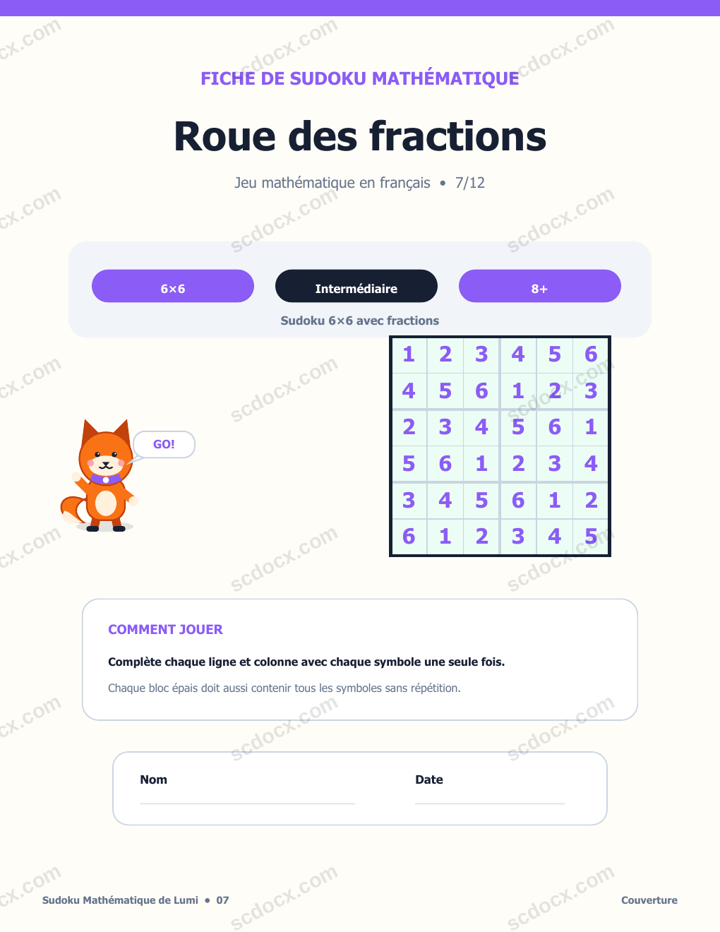 Sudoku Mathématique en Français 07 - Roue des fractions avec corrigé