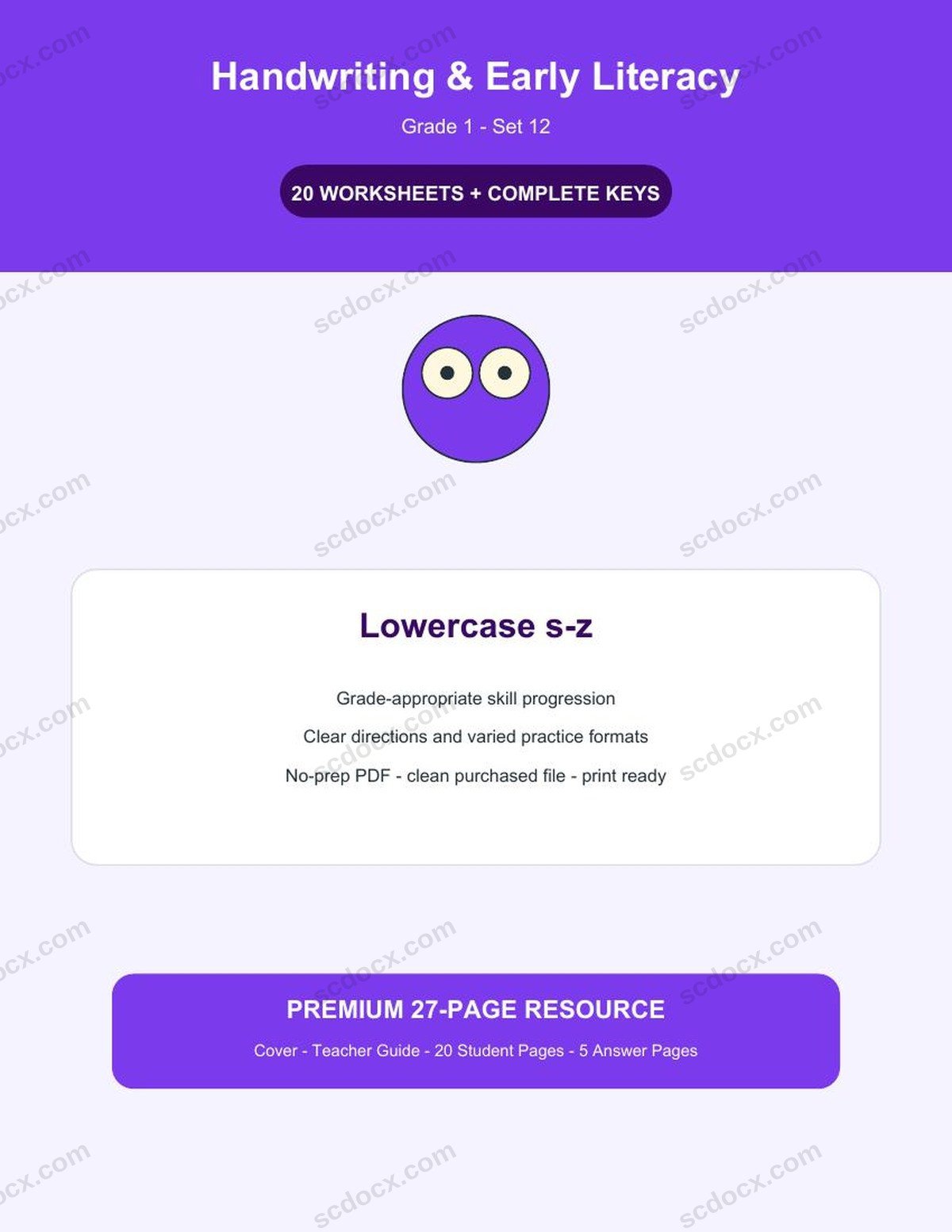 Handwriting & Early Literacy | Grade 1 | Lowercase s-z | 20 Worksheets + Answer Keys