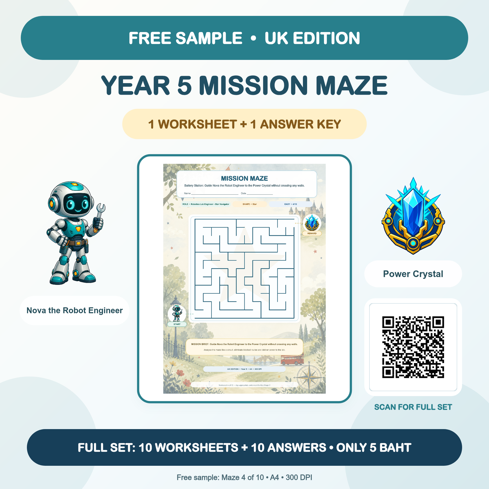 FREE SAMPLE - UK Mission Mazes: Year 5 (1 Worksheet + Answer Key)