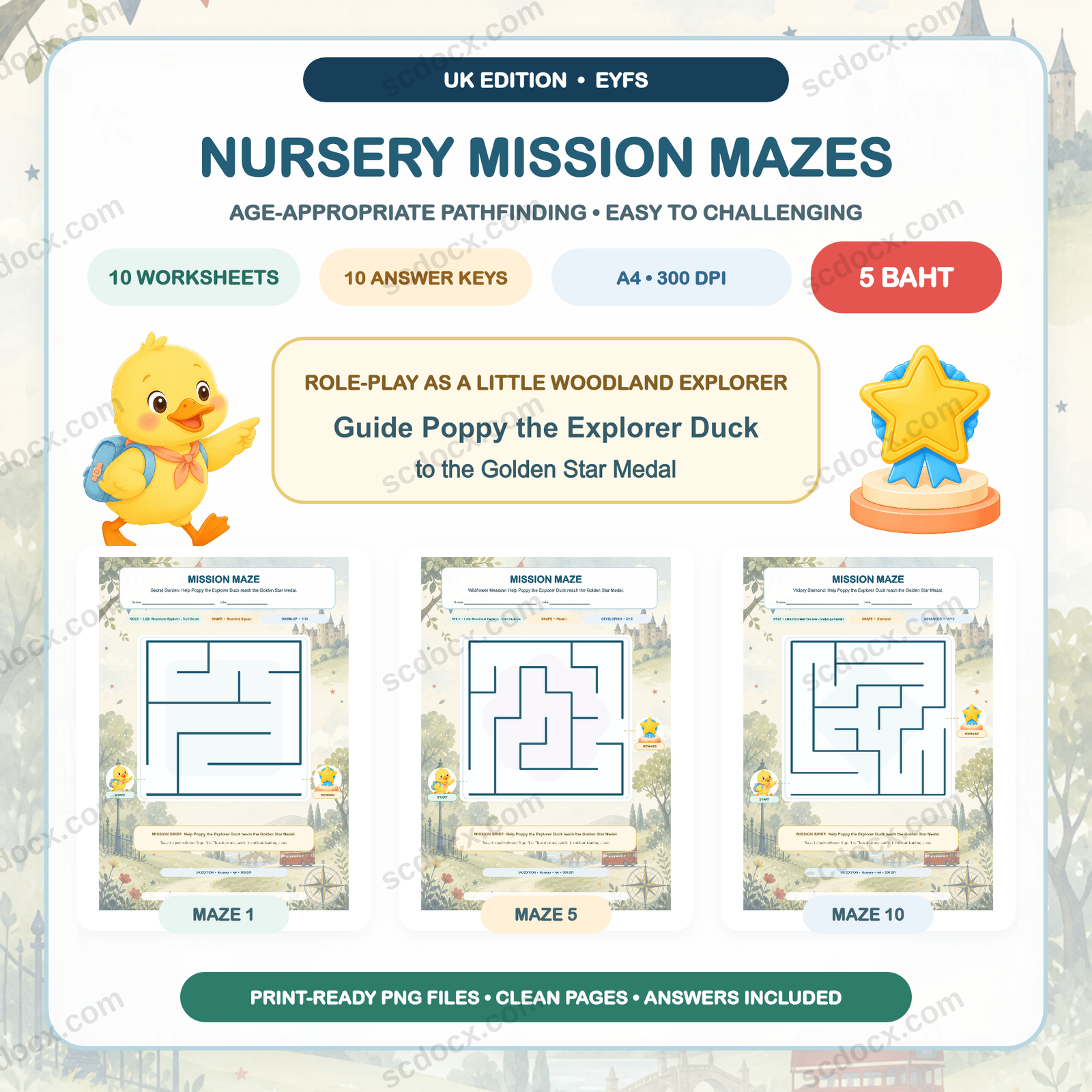 UK Edition Mission Mazes - Nursery (10 Worksheets + 10 Answer Keys)