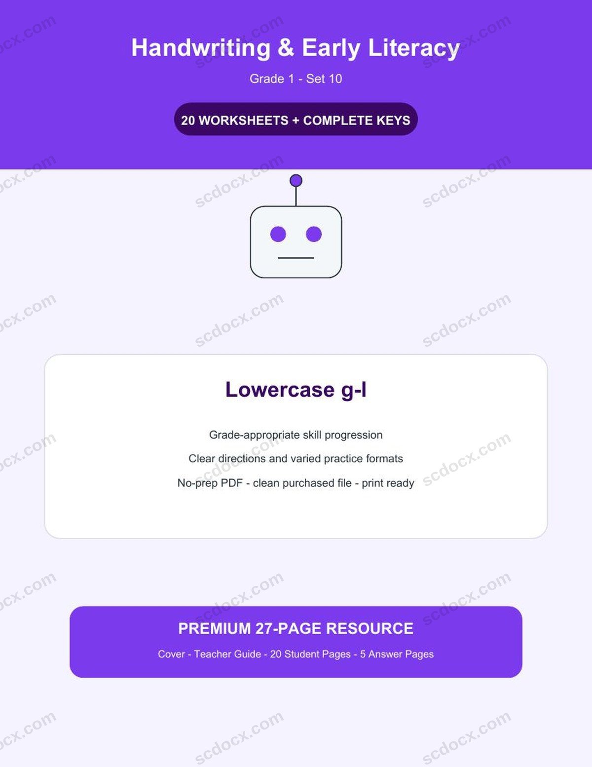 Handwriting & Early Literacy | Grade 1 | Lowercase g-l | 20 Worksheets + Answer Keys