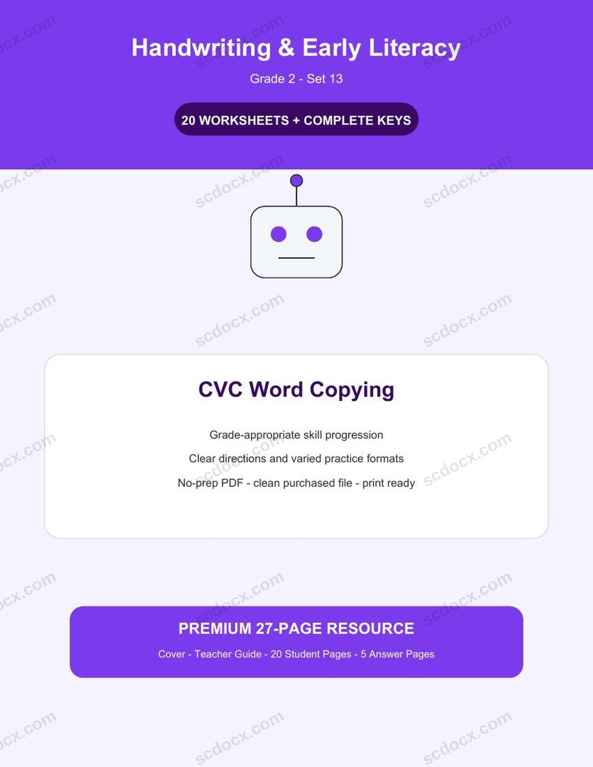 Handwriting & Early Literacy | Grade 2 | CVC Word Copying | 20 Worksheets + Answer Keys