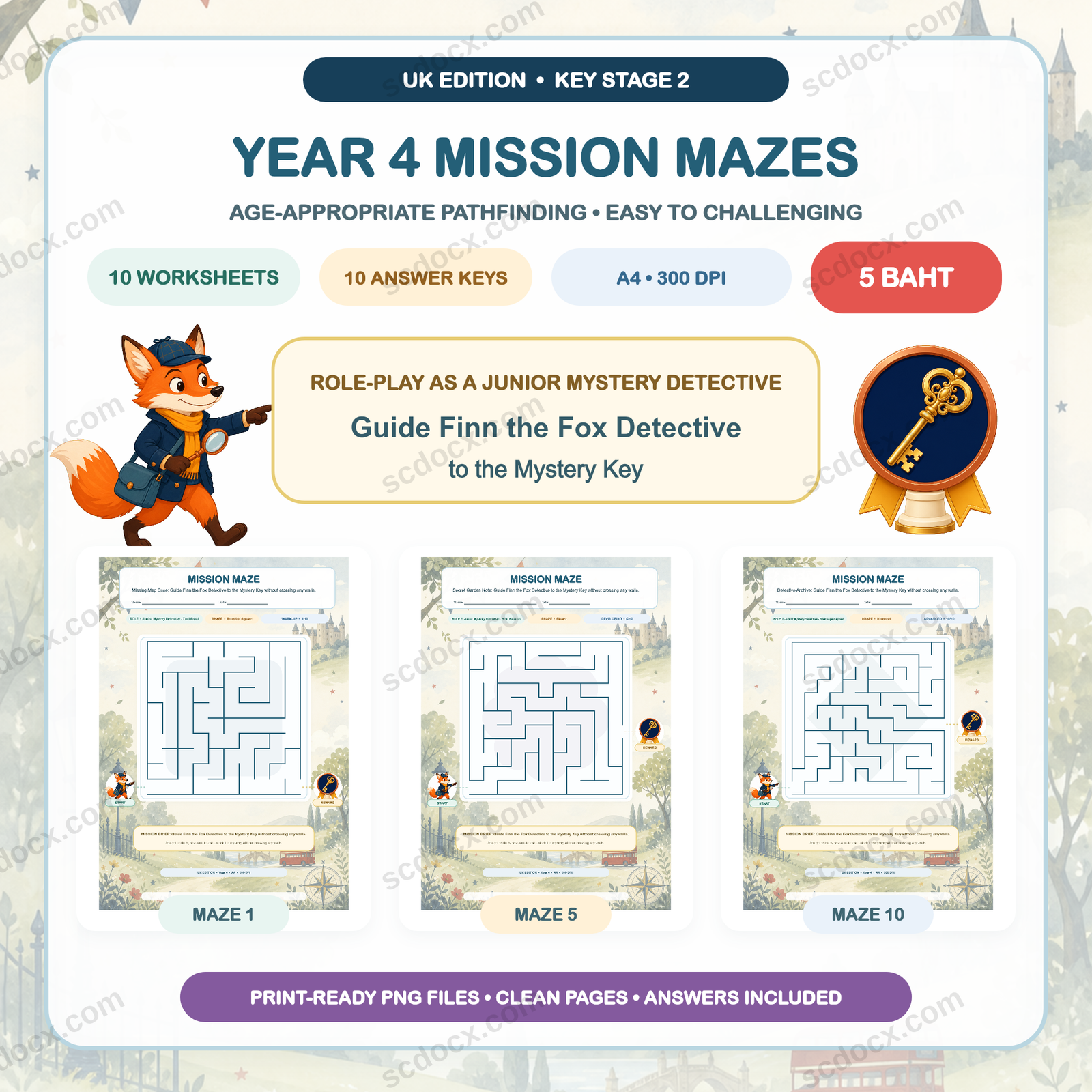 UK Edition Mission Mazes - Year 4 (10 Worksheets + 10 Answer Keys)