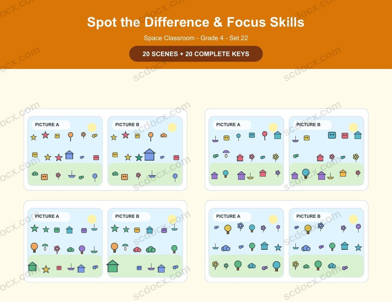 Spot the Difference | Grade 4 | Space Classroom | 20 Games + Keys | US Letter Landscape