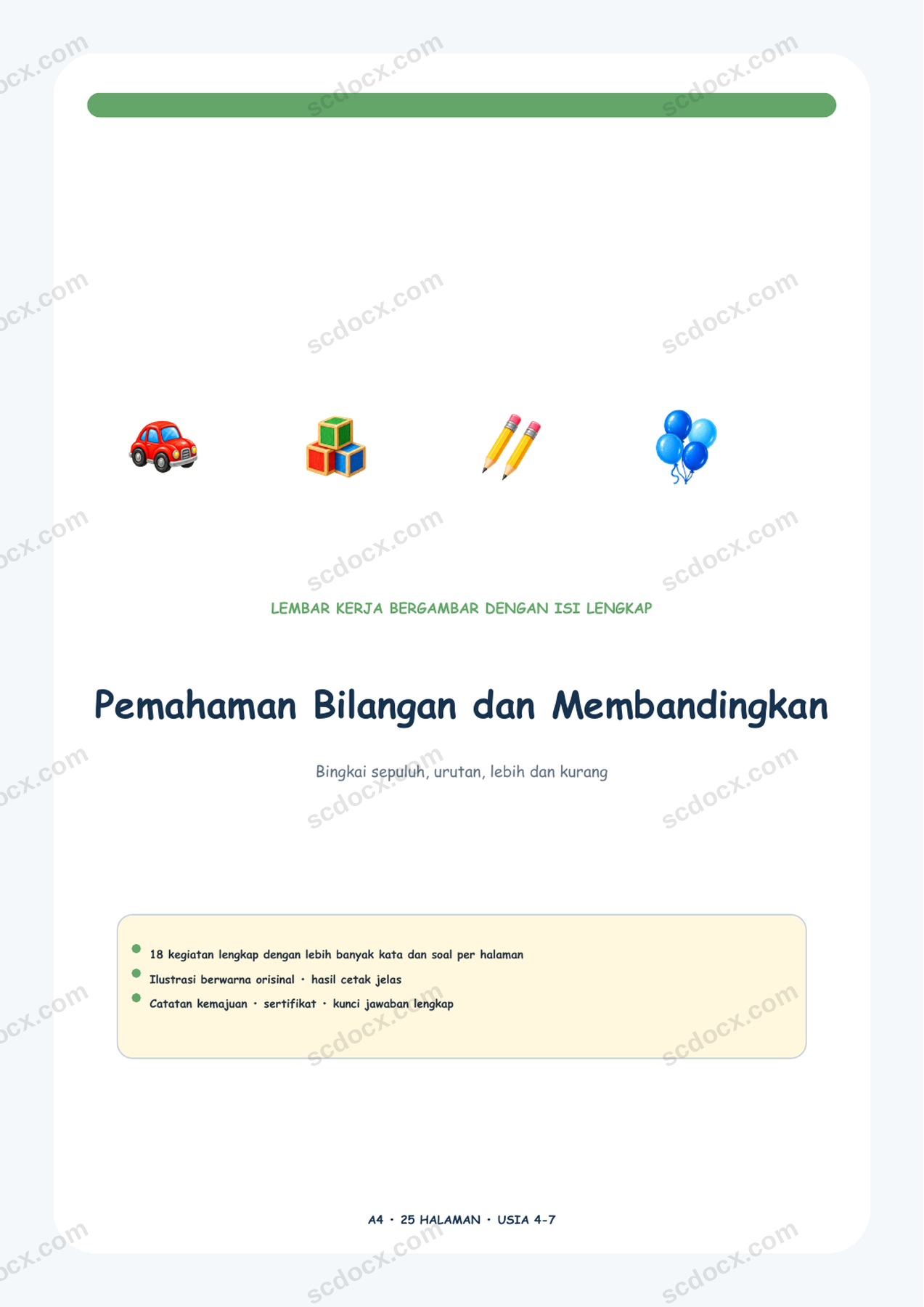 Pemahaman Bilangan dan Membandingkan | 18 kegiatan + kunci jawaban | A4 | Edisi Indonesia