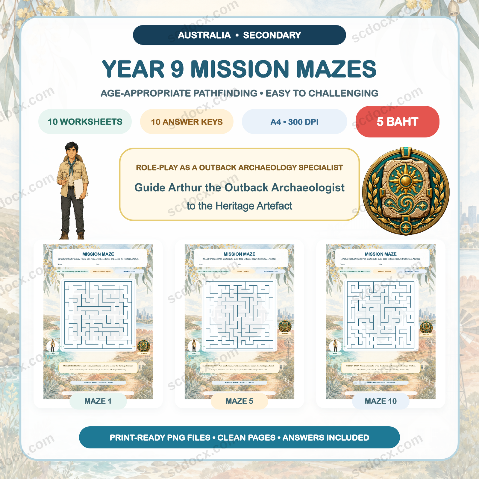 Australia Edition Mission Mazes - Year 9 (10 Worksheets + 10 Answer Keys)