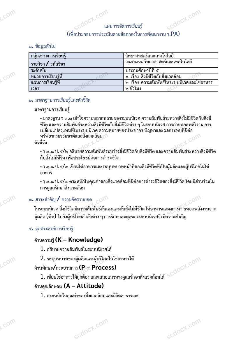 แผนการสอน ว.PA วิทย์ แผนที่ 2 ความสัมพันธ์ในระบบนิเวศและโซ่อาหาร ป.5