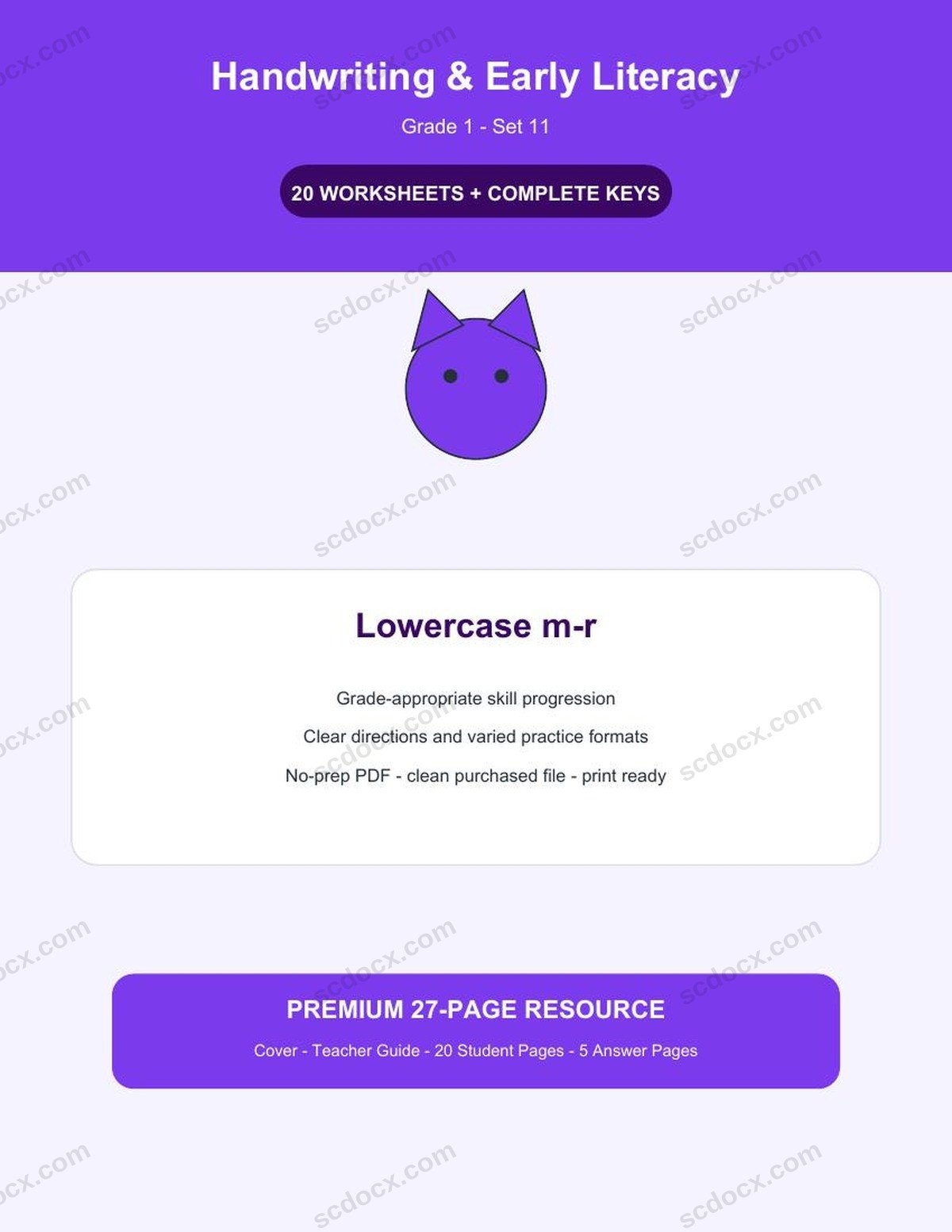 Handwriting & Early Literacy | Grade 1 | Lowercase m-r | 20 Worksheets + Answer Keys