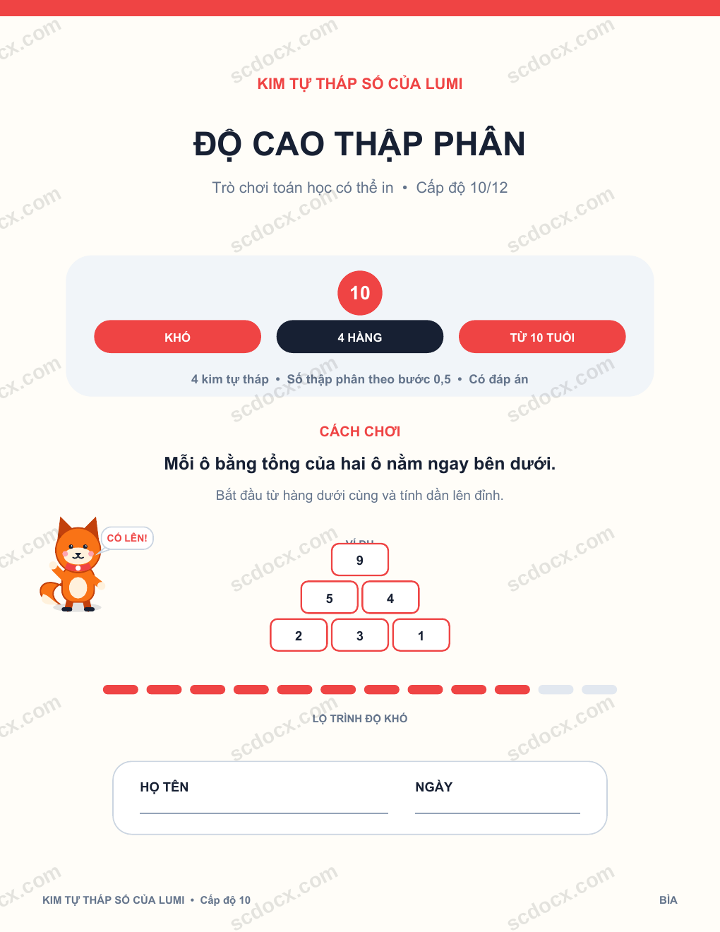 Kim tự tháp số học 10 - Độ cao thập phân kèm đáp án