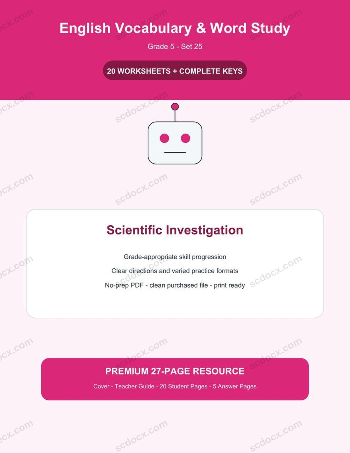 English Vocabulary & Word Study | Grade 5 | Scientific Investigation | 20 Worksheets + Answer Keys