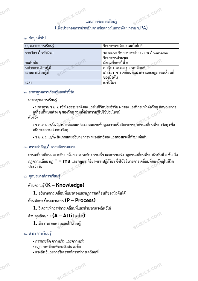 แผนการสอน ว.PA วิทยาศาสตร์ แผนที่ 4 การเคลื่อนที่แนวตรงและกฎการเคลื่อนที่ของนิวตัน ม.5