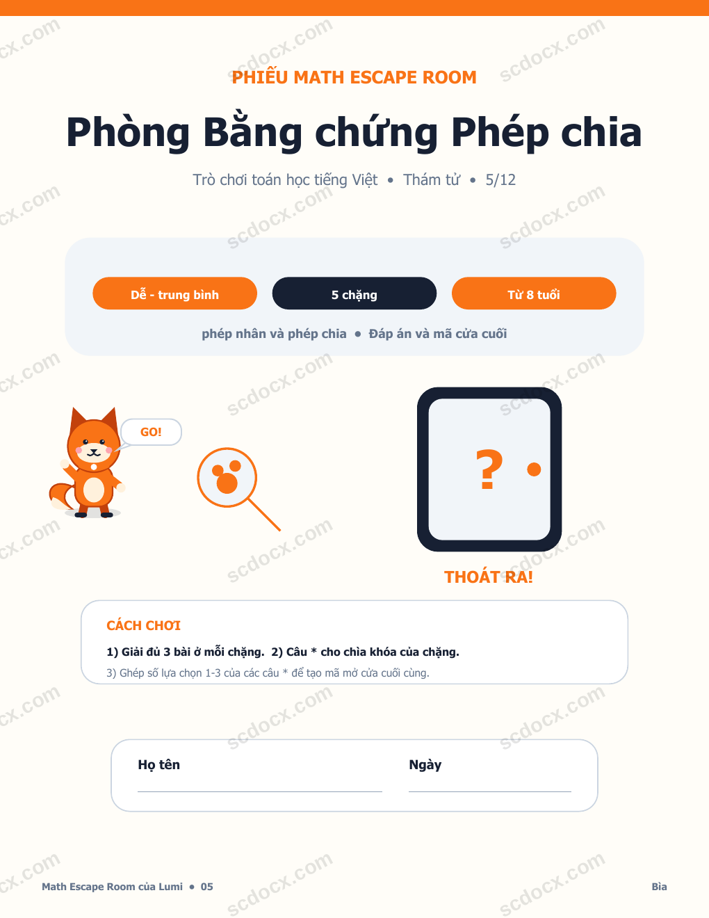 Math Escape Room Tiếng Việt 05 - Phòng Bằng chứng Phép chia có Đáp án