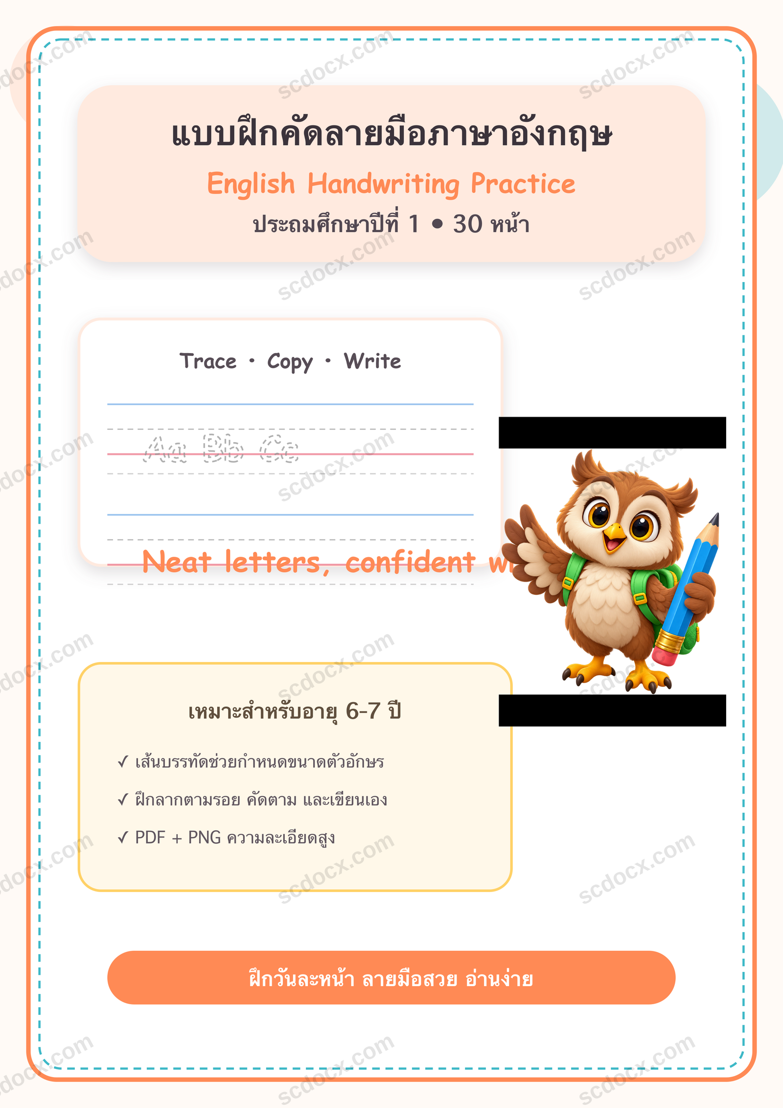 แบบฝึกคัดลายมือภาษาอังกฤษ ป.1 | 30 หน้า PDF + PNG