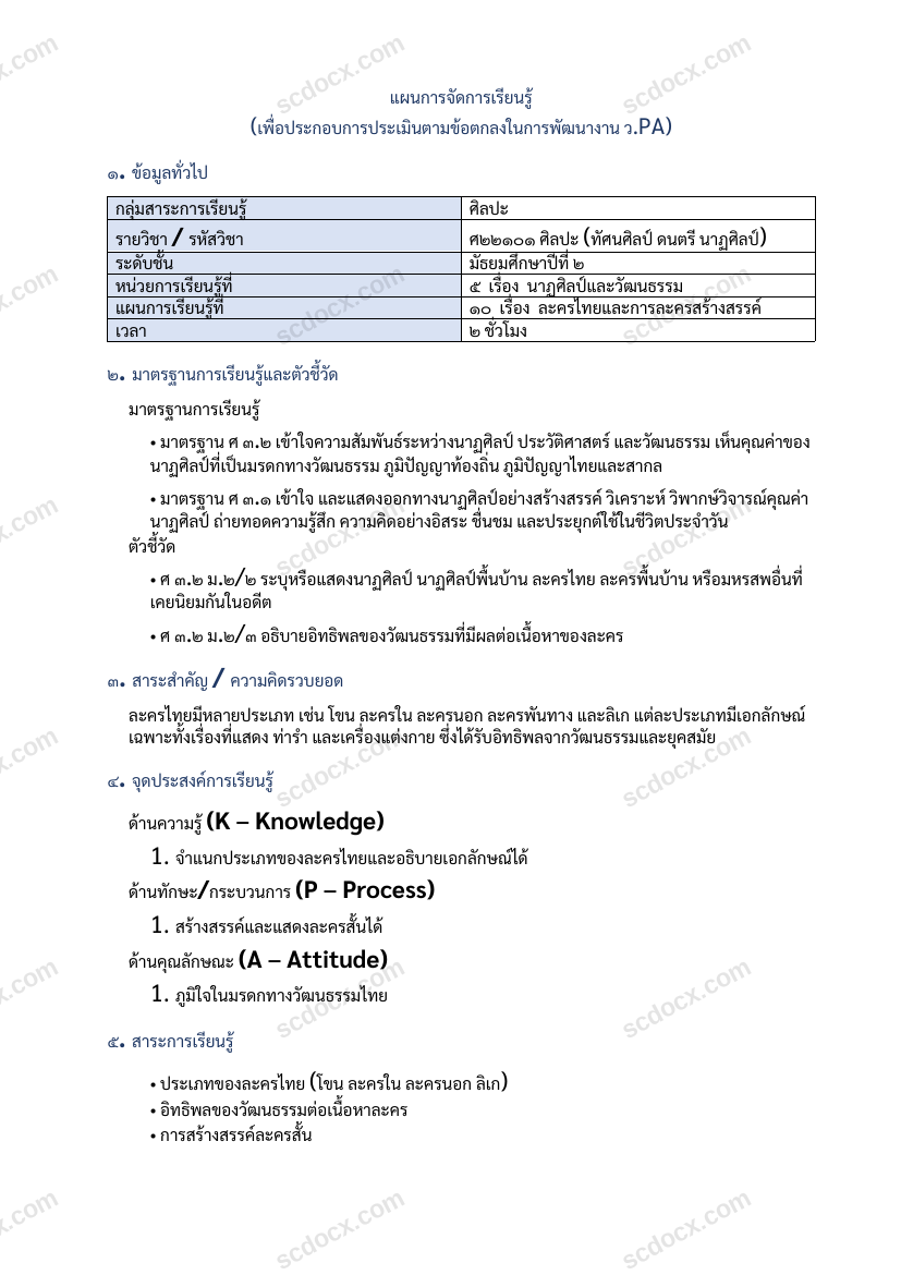 แผนการสอน ว.PA ศิลปะ แผนที่ 10 ละครไทยและการละครสร้างสรรค์ ม.2