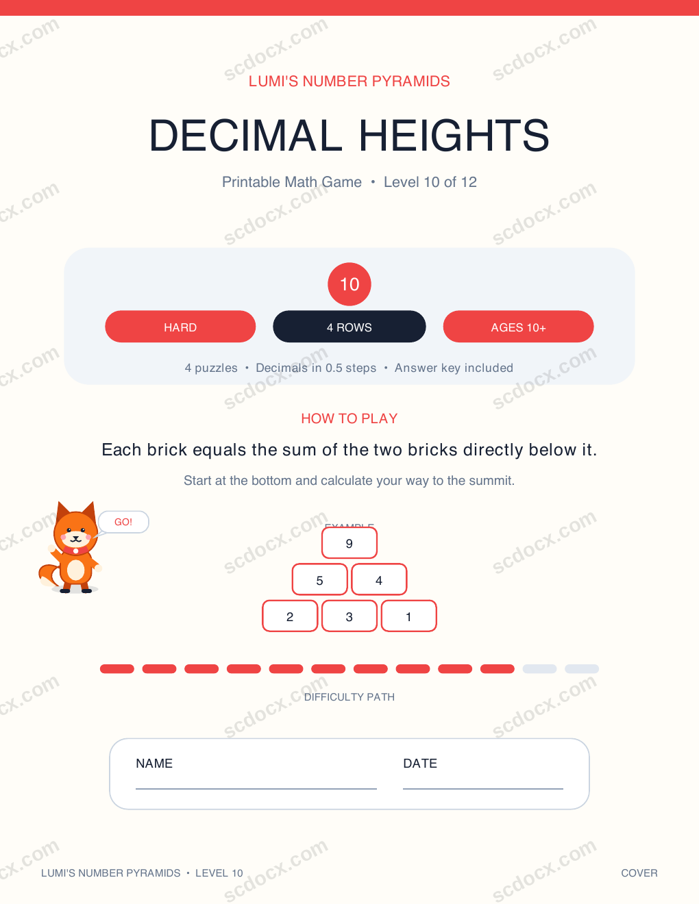 English Math Number Pyramid 10 - Decimal Heights with Answer Key
