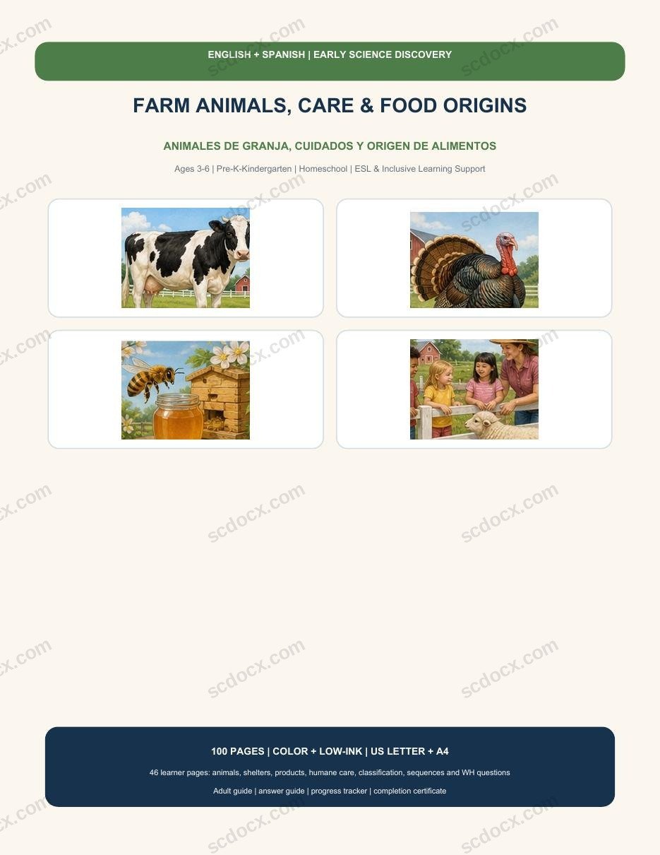 Bilingual Farm Animals, Care & Food Origins | English-Spanish | 200 Printable Pages