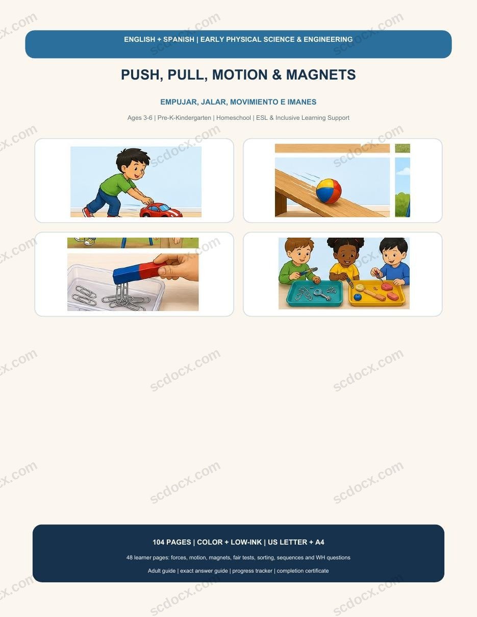 Bilingual Push, Pull, Motion & Magnets | English-Spanish | 208 Printable Pages