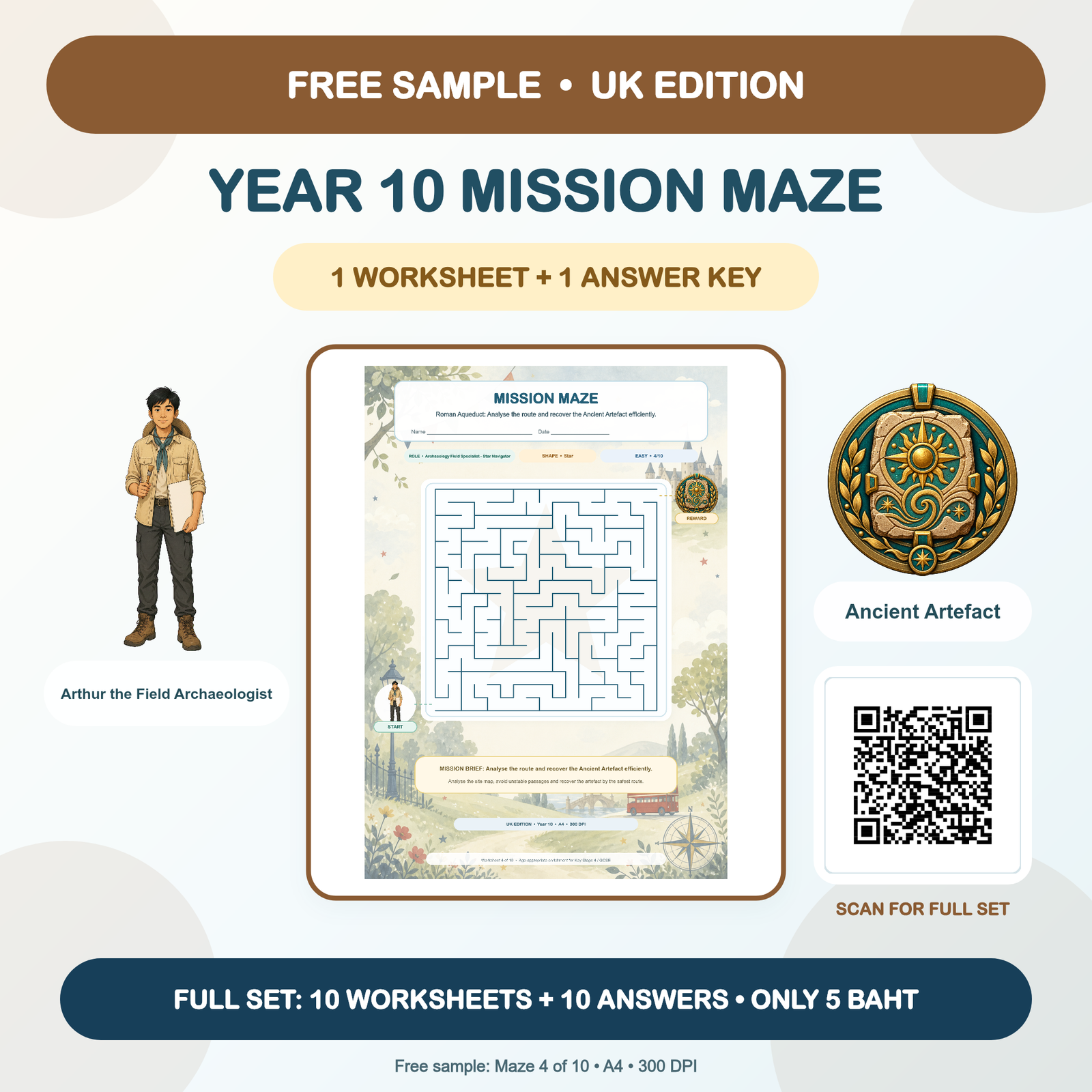 FREE SAMPLE - UK Mission Mazes: Year 10 (1 Worksheet + Answer Key)