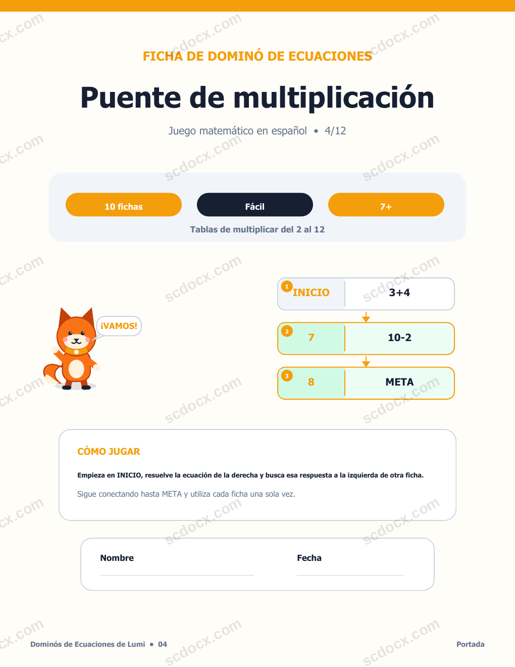 Dominó de Ecuaciones en Español 04 - Puente de multiplicación con soluciones