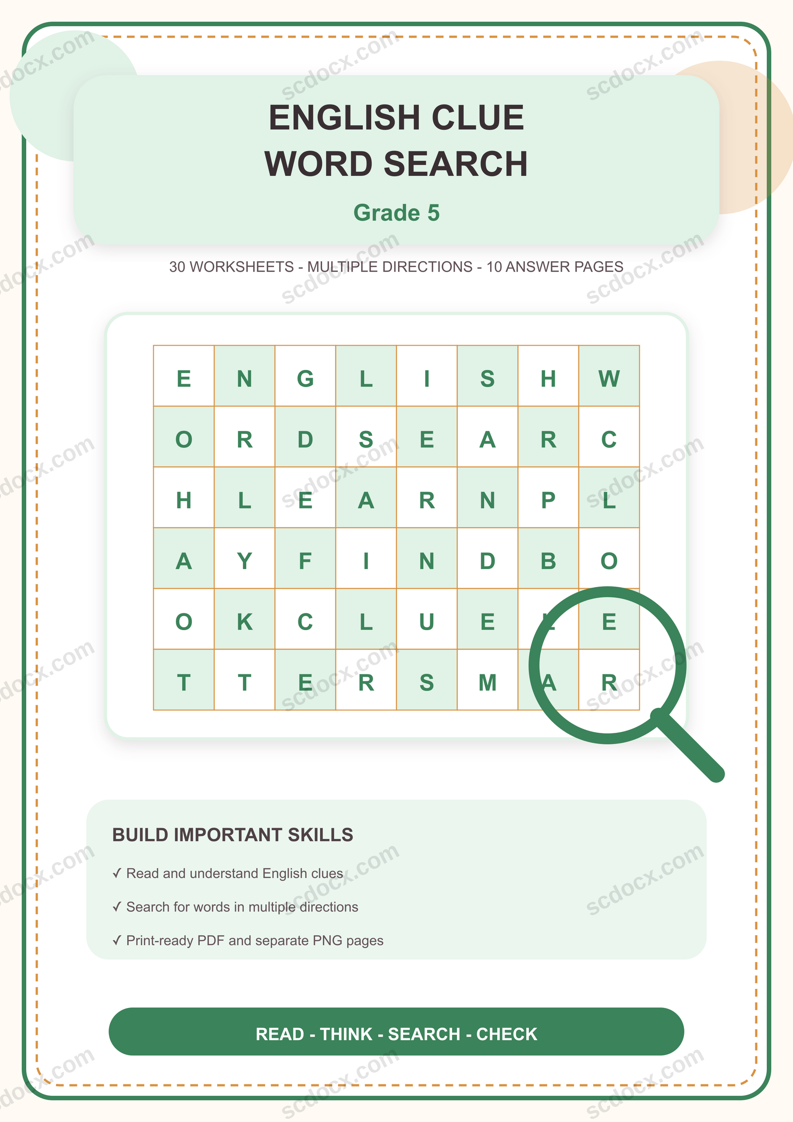 แบบฝึกค้นหาคำภาษาอังกฤษตามคำใบ้ในตาราง ป.5 | 30 หน้า พร้อมเฉลย 10 หน้า PDF + PNG