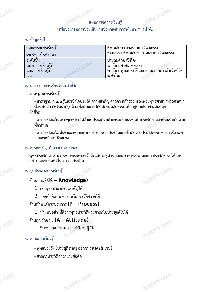 แผนการสอนประกอบการประเมิน ว.PA วิชาสังคมศึกษา ศาสนา และวัฒนธรรม แผนที่ 2 เรื่อง พุทธประวัติและแบบอย่างการดำเนินชีวิต ชั้น ป.2