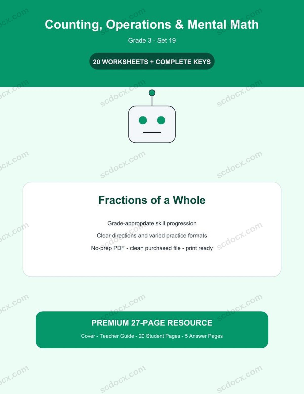 Counting, Operations & Mental Math | Grade 3 | Fractions of a Whole | 20 Worksheets + Answer Keys