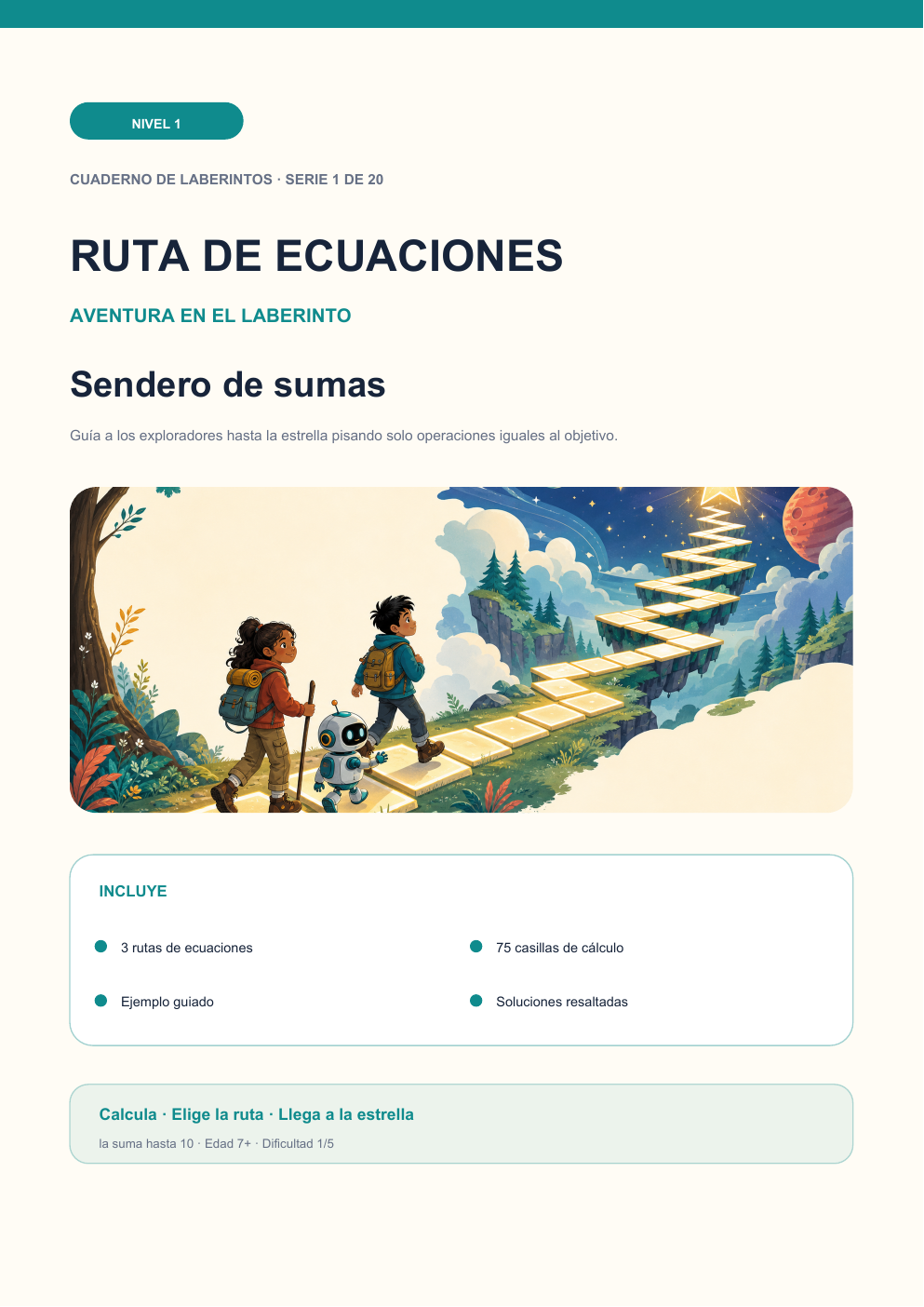 Ruta de ecuaciones Nivel 1 | Sendero de sumas con soluciones